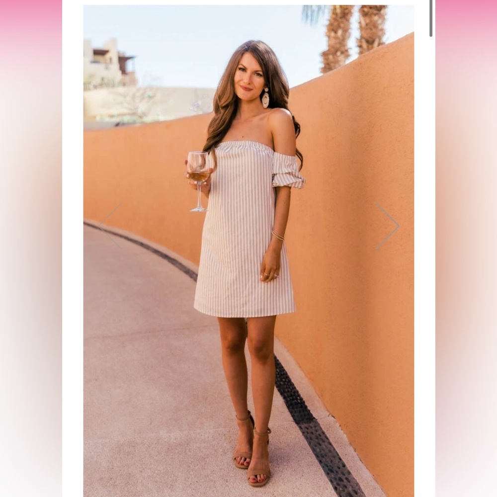 Tuscany Striped Off the Shoulder Tan Dress